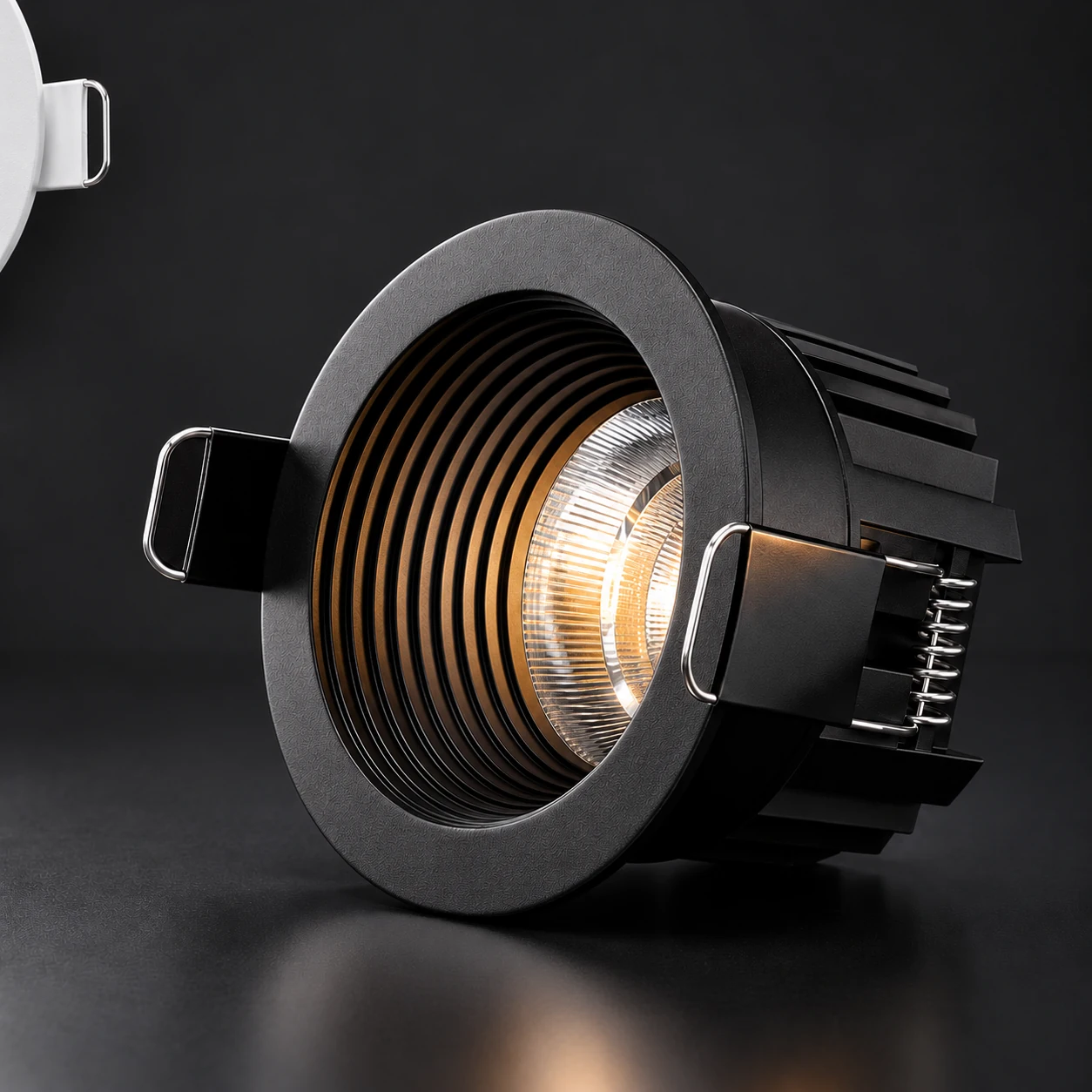 black deep baffle downlight with white trim detail