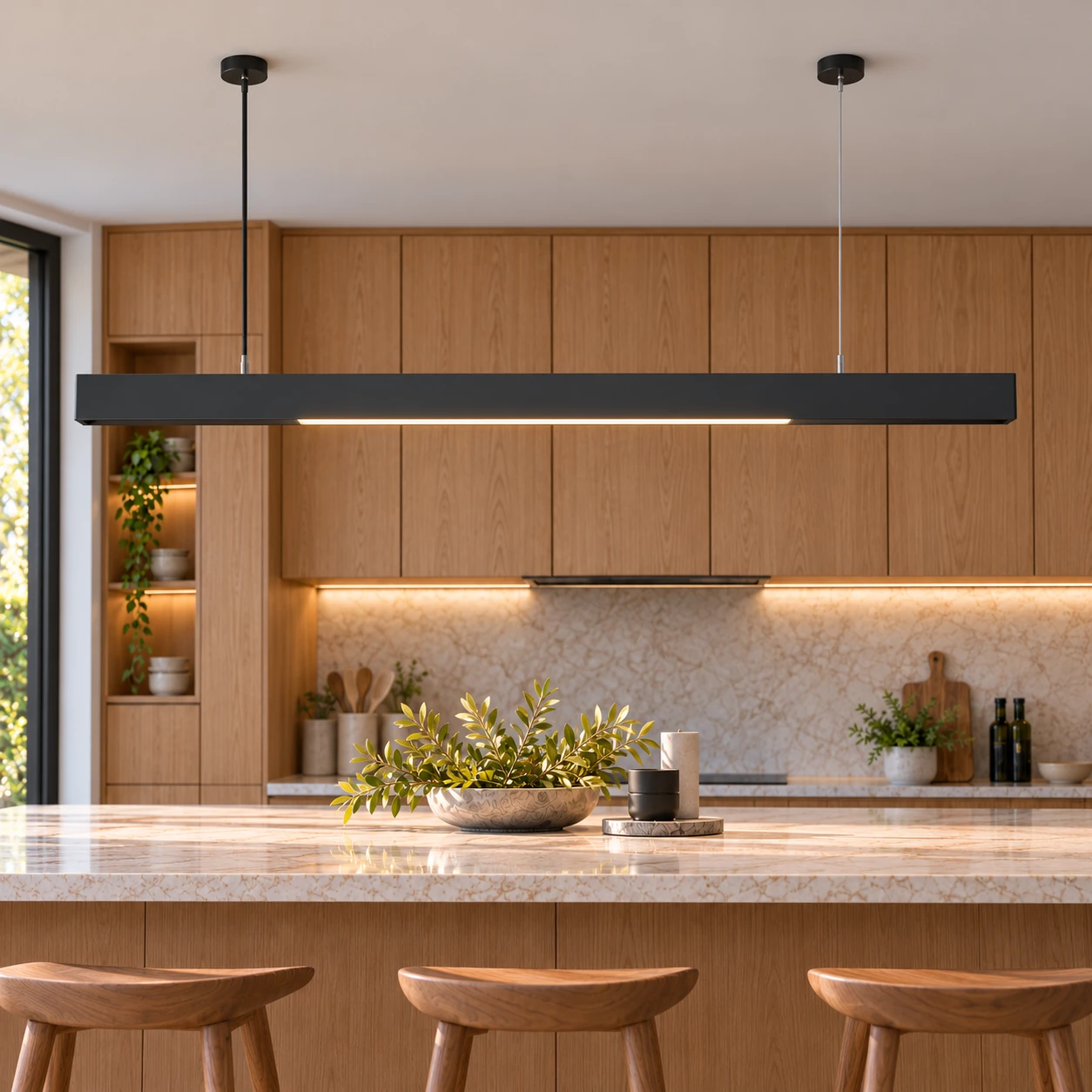 black hybrid linear pendant modern kitchen
