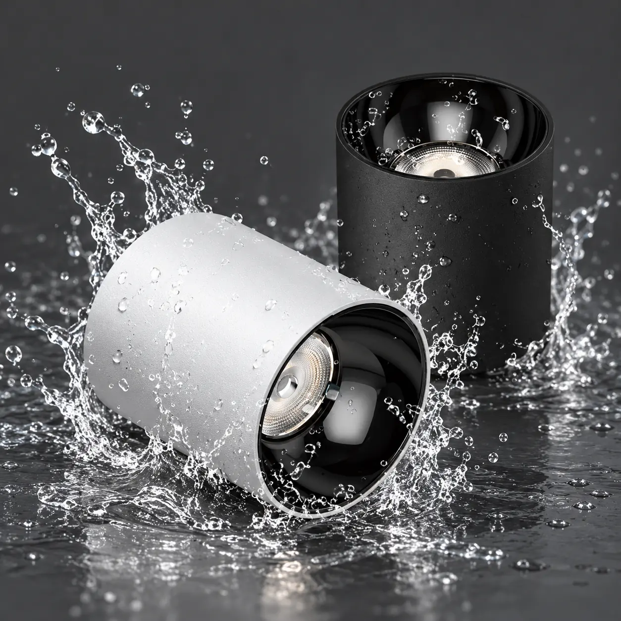 black silver cylinder downlights water detail charcoal