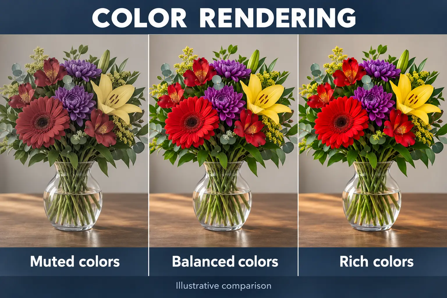 color rendering effect on flower colors comparison