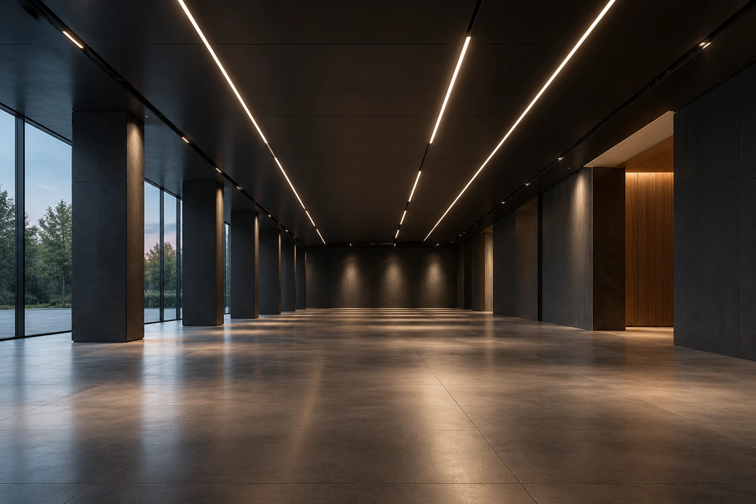 dark commercial hall linear led ceiling design