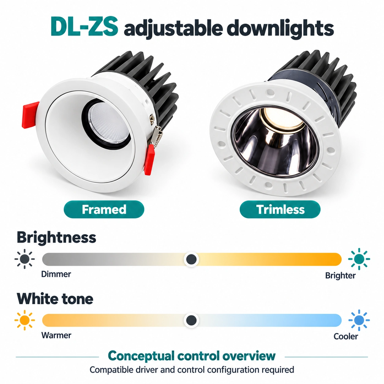 dl zs framed trimless downlights conceptual brightness white tone control