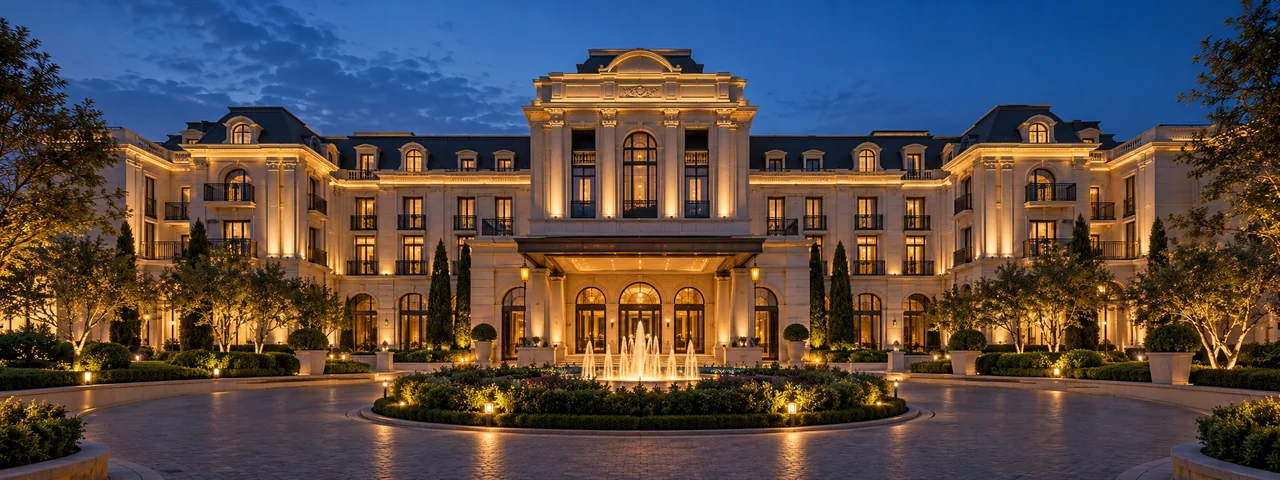 fictional hotel facade warm led architectural lighting