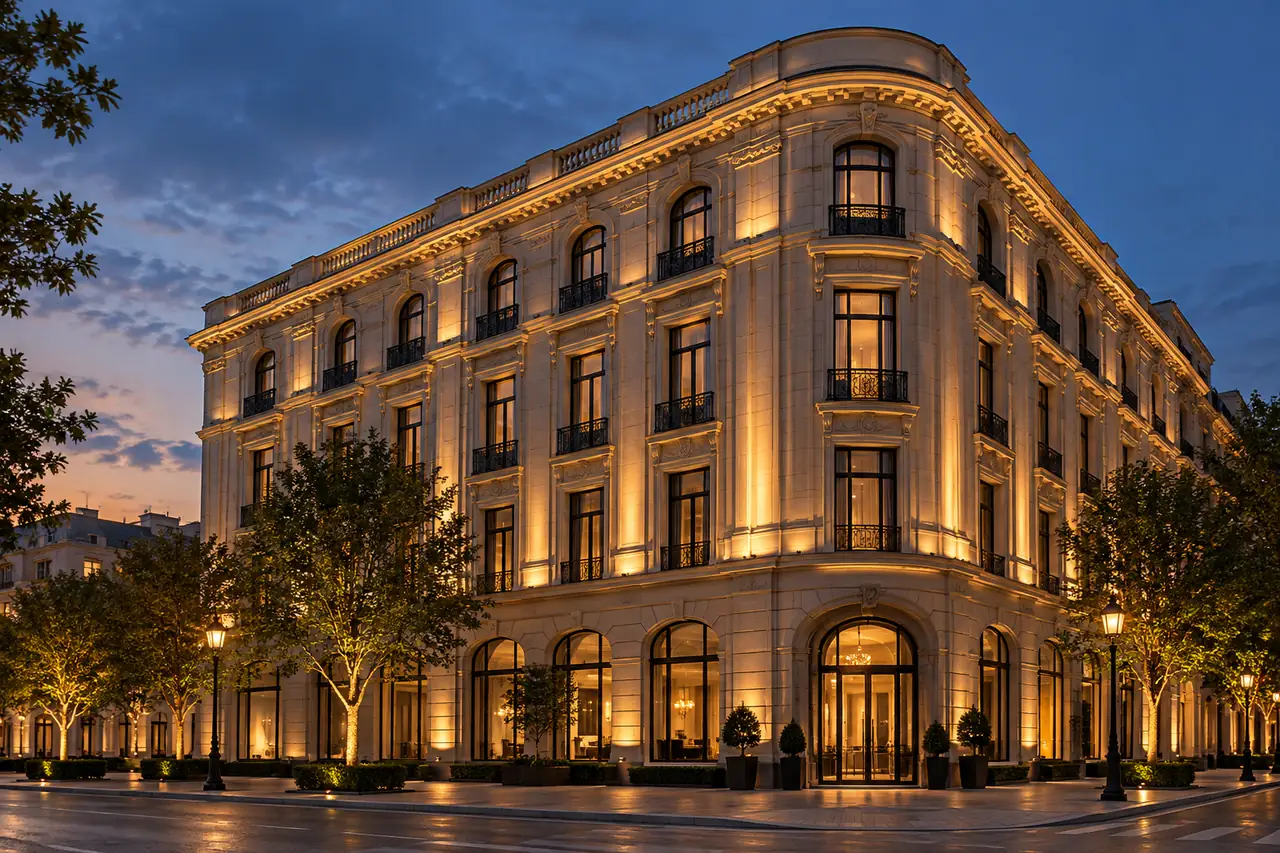 ornate urban building warm led facade lighting