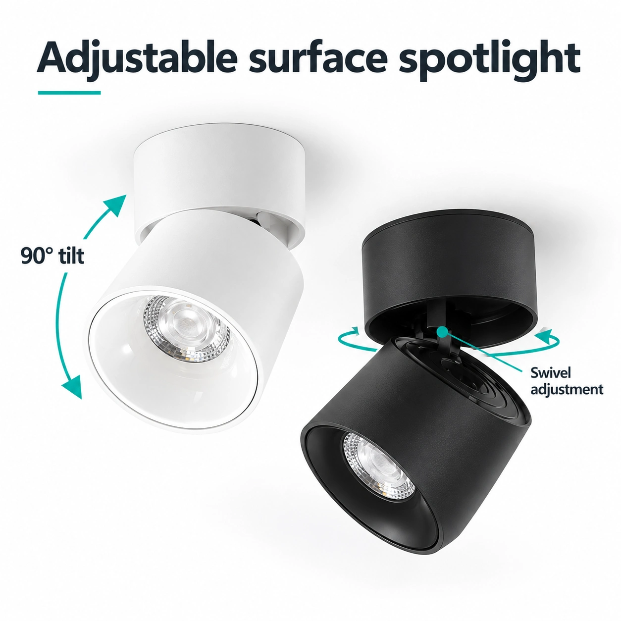 surface cylinder spotlight swivel and 90 degree tilt
