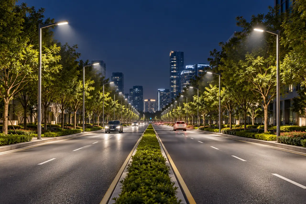 tree lined boulevard led street lighting