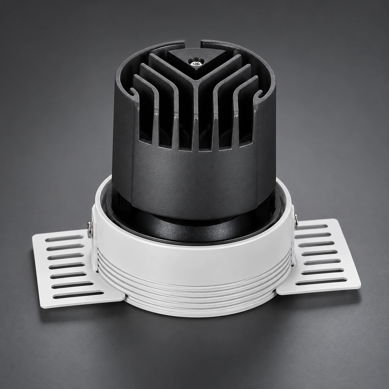 trimless downlight branching heatsink rear charcoal detail
