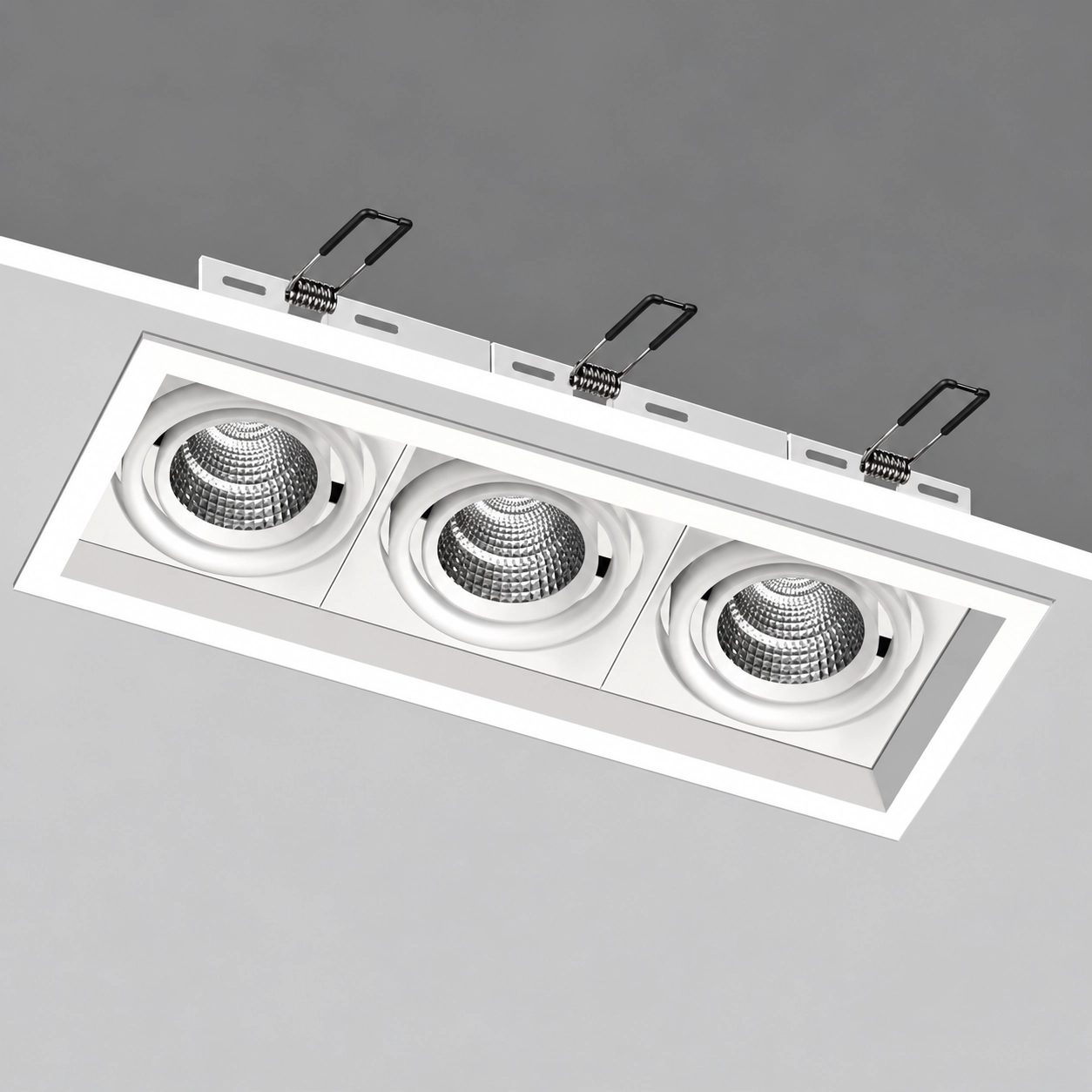 white triple gimbal downlight spring clip detail charcoal studio